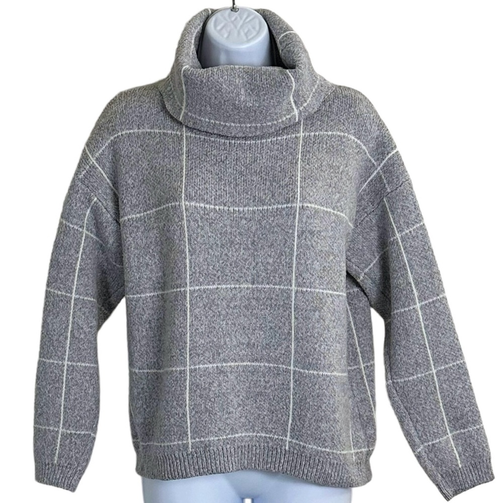 Gray White Womens Plaid Checkered Cowl Neck Sweater  Long Sleeve Size Medium